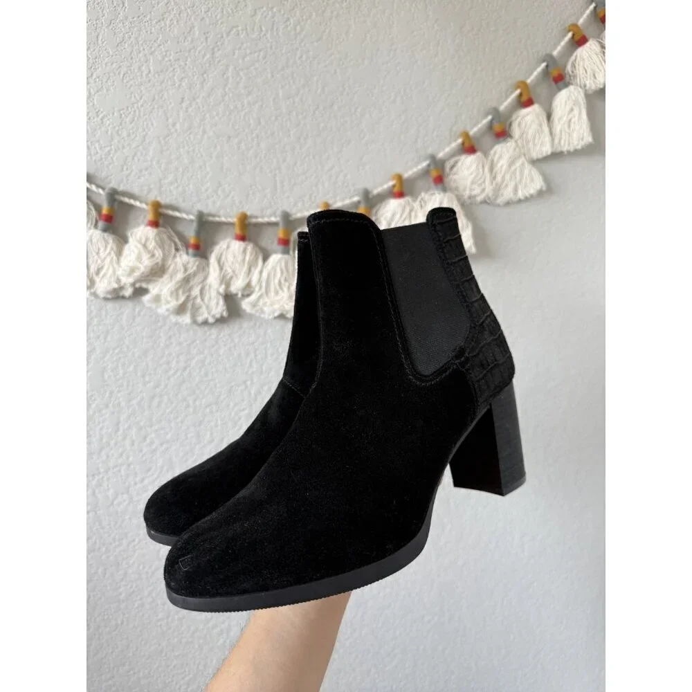 Clarks Bayla Rose Black Suede Croc Chelsea Block Heel Boots Pull On Modest 10